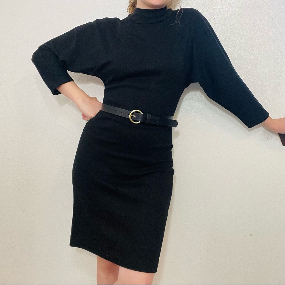 5/$25🌱 Pacino Cali | Vtg 70s 80s Little Black Dress 3/4 Raglan-Sleeve Mock-Neck